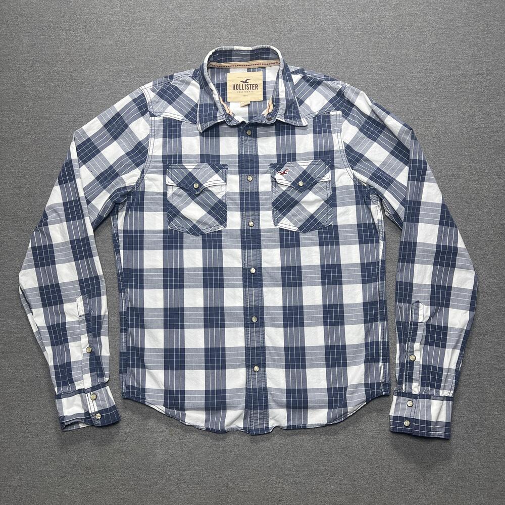 Hollister Shirt Mens XL Blue White Plaid Western Snap Button Long Sleeve Casual